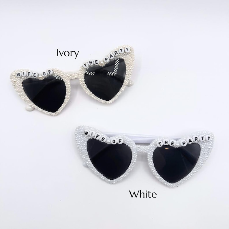 Wife of the Party Bride Sunglasses – Ivory White Pearl Heart Shades for Bachelorette Party, Bridal Shower, Wedding Accessories, Bride Gifts