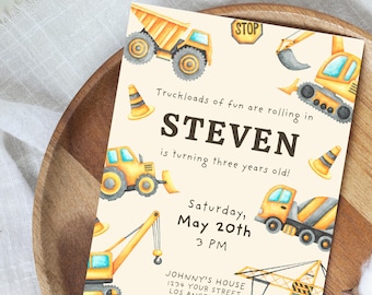 Construction Birthday Invitation | Dump Truck, Digger Party Invite | Editable Digital Download