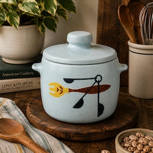 May include: A light blue ceramic pot with a lid and two side handles. The front of the pot features a graphic illustration of a yellow fork and several black measuring spoons. The pot has a speckled finish and a smooth, rounded cylindrical shape.