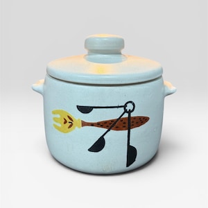 Vintage West Bend Stoneware “Fork and Spoon”  Bean Pot with Lid | MCM Atomic Utensil Pattern | Mid Century Kitchen Decor | Made in USA