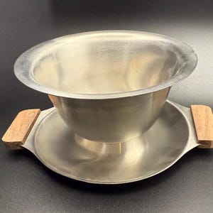 Vintage Interpur Stainless Steel Bowl with Teak Wood Handles | Mid Century Modern Japan Kitchenware