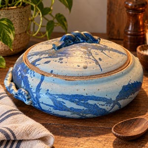 May include: A round ceramic casserole dish with a lid, featuring a light blue base with dark blue paint splatter patterns. The dish includes two side handles and a twisted handle on the lid, all finished in the same blue speckled glaze.