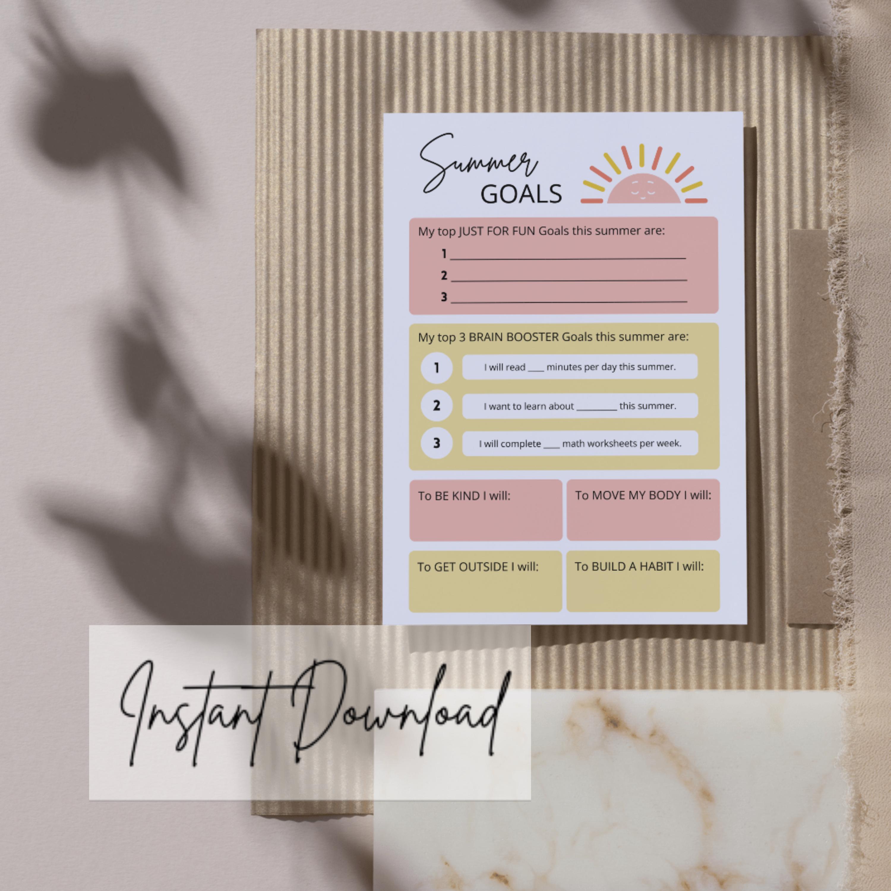 Summer Goals Worksheet for Kids – 5 Color Options + Parent Guide - A Fun Printable for an Intentional Summer Break PDF and Canva Template