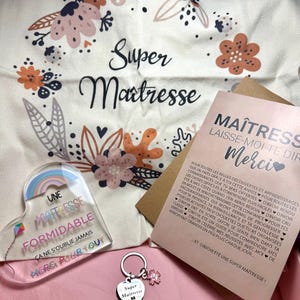 Box Super Maîtresse – porte-clés, tote bag, plaque acrylique cœur & cartes de remerciements – cadeau fin d’année enseignant(e)