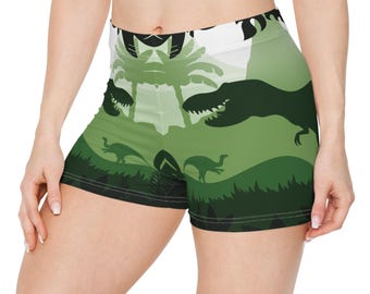 Green Dinosaur Silhouette Shorts | Women's All-Over Print