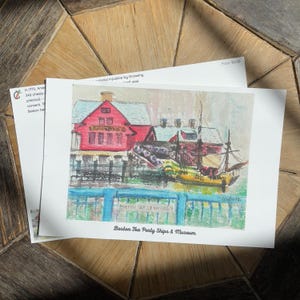 Boston Tea Party Ships & Museum Postcard of Massachusetts Watercolor– Hand Painted Travel Art Print | City Souvenir Wall Decor |Boston Gift