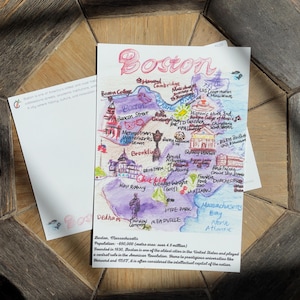 Boston Map Postcard/ Wall Print, Massachusetts – Hand Painted Travel Art | City Souvenir | Wall Decor | Boston Gift Original Watercolor