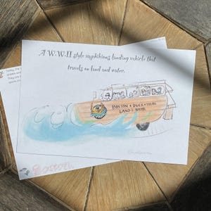 Boston Duck Boat Postcard of Massachusetts– Hand Painted Travel Art Print | City Souvenir Wall Decor Boston Gift Greeting amphibious vehicle