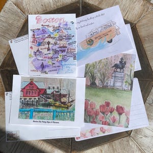 Boston Postcard Set of 4 |Duck Boat| Map| Park| Tea Part Seaport| Massachusetts- Hand Painted Water color Travel Art Print | City Souvenir