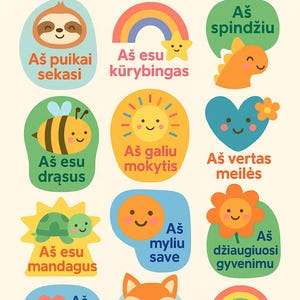Vaikų afirmacijų lipdukai | 12 skaitmeninių spalvotų žinuèių – pasitikėjimui, meile ir drąsai!