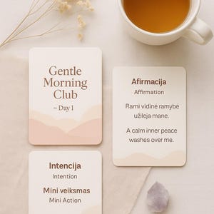 Gentle Morning Club – Dag 1 | Affirmaties, audio en stickers (EN + LT)