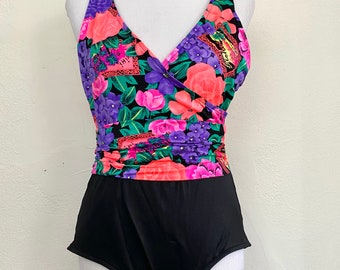 Vintage 1980s High Waisted Bright Black Floral Catalina Swimsuit // Built in Bra // Neon Aloha Hawaiian Novelty Print // Size Medium