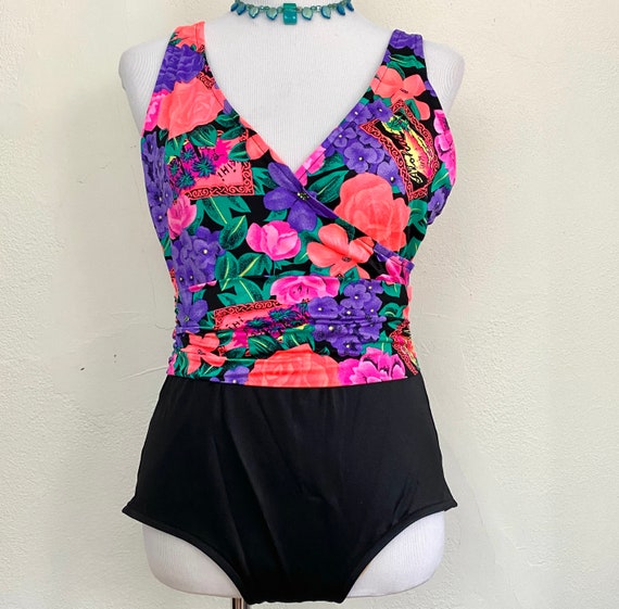 Vintage 1980s High Waisted Bright Black Floral Catalina Swimsuit // Built  in Bra // Neon Aloha Hawaiian Novelty Print // Size Medium 