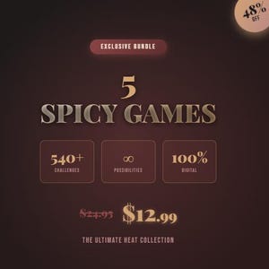May include: A digital product bundle advertisement on a dark brown background. The text reads "5 SPICY GAMES" with details including "540+ CHALLENGES", "∞ POSSIBILITIES", and "100% DIGITAL". A "48% OFF" badge is in the upper right.