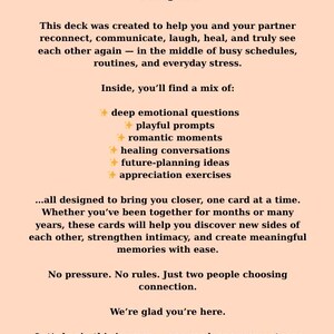 May include: A peach-colored card with black text that reads "Welcome to the Deep & Fun Couple Compass." The text describes a deck of cards designed to help couples reconnect, communicate, and create meaningful memories.