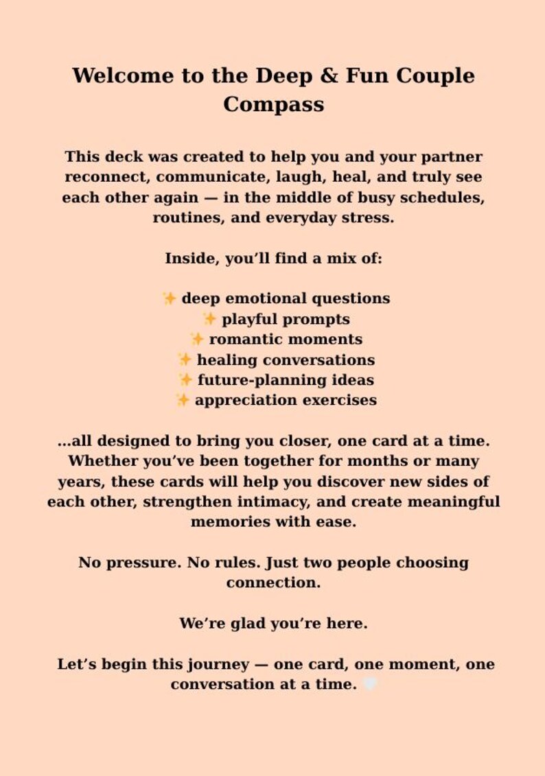 May include: A peach-colored card with black text that reads "Welcome to the Deep & Fun Couple Compass." The text describes a deck of cards designed to help couples reconnect, communicate, and create meaningful memories.