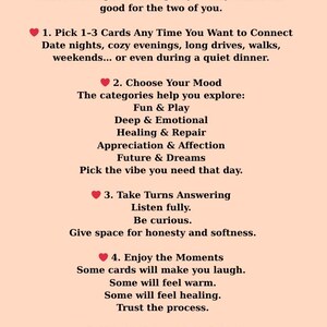 May include: A beige card with black text titled "How to Use Your Couple Compass Cards." Instructions include picking cards, choosing a mood, taking turns answering, enjoying moments, and using the cards again. The categories are Fun & Play, Deep & Emotional, Healing & Repair, Appreciation & Affection, and Future & Dreams.