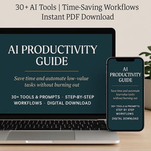 Puede incluir: Un portátil y un smartphone muestran el "Guía de productividad de IA". La pantalla del portátil muestra el título, la descripción y las características de la guía. El smartphone refleja el contenido. La imagen promueve flujos de trabajo y descargas digitales.