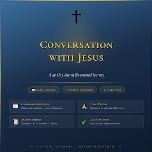 May include: A digital graphic with the title "Conversation with Jesus" and a cross at the top. The image promotes a 40-day devotional journey with sections on daily prayers and good deeds. Includes the text "Interactive HTML - Instant Download."