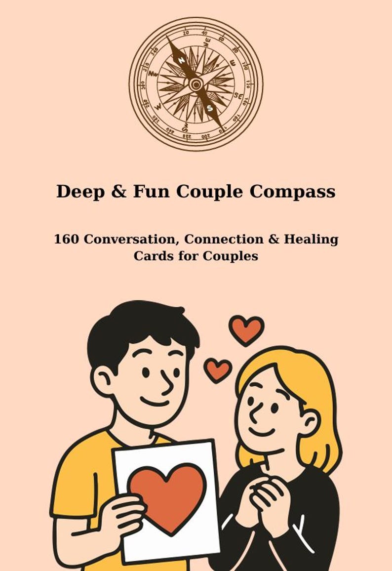 May include: An illustrated card deck titled "Deep & Fun Couple Compass" with a compass rose graphic. The image features a couple holding a card with a heart, with text indicating 160 conversation cards for couples.