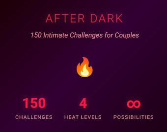 May include: A dark purple graphic with the text "AFTER DARK" in red. Below, it reads "150 Intimate Challenges for Couples." A flame icon is centered above the numbers 150, 4, and the infinity symbol, with the words "CHALLENGES", "HEAT LEVELS", and "POSSIBILITIES" below.