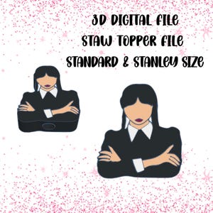 May include: Digital file for a straw topper featuring a cartoon character in a black dress with white collar and cuffs. The text reads "3D DIGITAL FILE STRAW TOPPER FILE STANDARD & STANLEY SIZE."