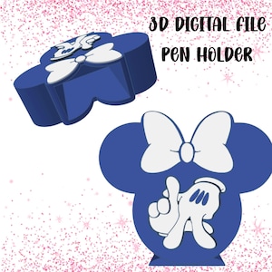 May include: A blue pen holder in the shape of a bow and a Minnie Mouse head. The pen holder has white accents and the text "3D DIGITAL FILE PEN HOLDER". The design is a 3D digital file.