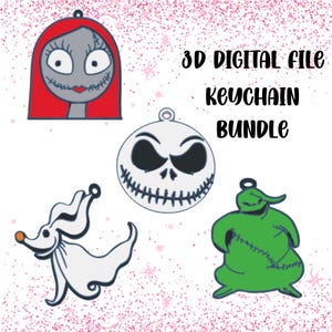 May include: A digital file bundle featuring keychain designs of characters from a popular animated film. The designs include Sally, Jack Skellington, Zero, and Oogie Boogie, in a colorful, cartoon style. The text reads "3D DIGITAL FILE KEYCHAIN BUNDLE."