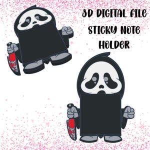 May include: A digital file for a 3D sticky note holder. The design features a cartoon character in a black robe and mask, holding a bloody knife. The text "3D DIGITAL FILE STICKY NOTE HOLDER" is displayed.