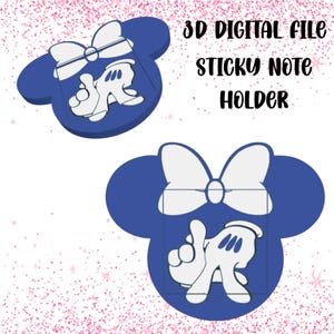 May include: Two blue sticky note holders shaped like a mouse head with a white bow and gloved hands. The text "3D DIGITAL FILE STICKY NOTE HOLDER" is written in black. The design is on a white background with pink glitter.