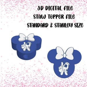 May include: Two blue straw toppers in the shape of a mouse head with a white bow and a gloved hand design. The text "3D DIGITAL FILE STRAW TOPPER FILE STANDARD & STANLEY SIZE" is at the top.