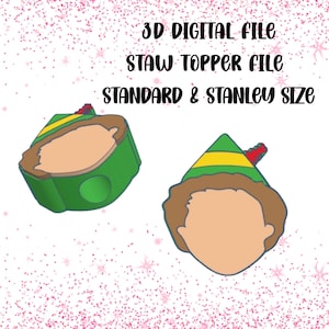 May include: Two green straw toppers, one cylindrical and one head-shaped, both with a tan interior and a green, yellow, and red hat. Text reads: "3D DIGITAL FILE STAW TOPPER FILE STANDARD & STANLEY SIZE."