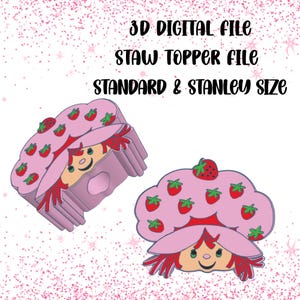 May include: Pink 3D digital file of a strawberry-themed straw topper, featuring a smiling face and red strawberries. The text reads "3D DIGITAL FILE STRAW TOPPER FILE STANDARD & STANLEY SIZE".