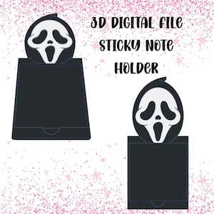 Può includere: Un portablocco nero con un design a maschera Ghostface bianca. Il testo "3D DIGITAL FILE STICKY NOTE HOLDER" è visualizzato in nero. Il design è ripetuto due volte su uno sfondo glitterato rosa.