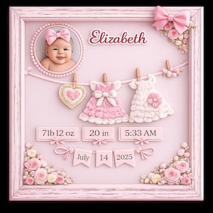 Puede incluir: Anuncio de nacimiento enmarcado en rosa con el nombre "Elizabeth" en cursiva. El anuncio incluye una foto del bebé, peso (3,5 kg), longitud (50,8 cm), hora de nacimiento (5:33 AM) y fecha de nacimiento (14 de julio de 2025). Decoraciones: lazos y arreglos florales.