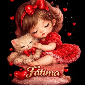Custom 3D Baby Girl PNG with Name Anna and Cute Cat – Transparent Background, High Resolution 2000x2000 Red Theme Design