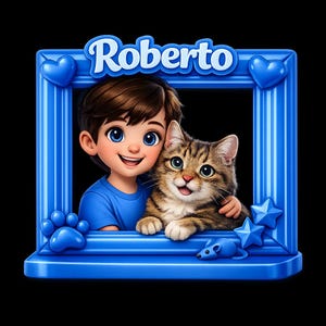 Puede incluir: Un marco azul con el nombre "Roberto" en escritura blanca. Dentro del marco, un niño de dibujos animados con cabello castaño y ojos azules abraza a un gato atigrado. El marco tiene detalles de corazón y estrella, y una huella de pata azul.