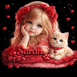 May include: A digital illustration features a young girl with blonde hair and blue eyes, wearing a red dress and a floral headband. A fluffy, cream-colored kitten with blue eyes sits beside her. The name "Sarah" is displayed in red script.