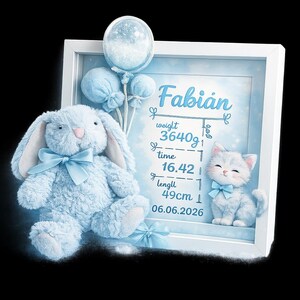 Puede incluir: Un recuerdo enmarcado en azul bebé con un conejito de peluche y un gatito, ambos con lazos azules. El marco incluye el nombre "Fabian", peso 3640g, hora 16.42, longitud 49cm y fecha 06.06.2026. Globos decorativos completan la escena.