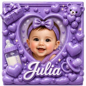 Puede incluir: Un marco de fotos para bebé de color lila con una niña sonriente en el centro. El marco está decorado con corazones, un osito de peluche, una caja de regalo, un biberón y un chupete. El nombre "Julia" está escrito en blanco.