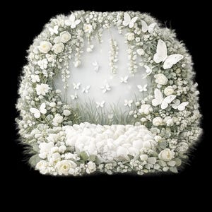 May include: A white floral arrangement with butterflies. The arrangement is in the shape of an arch, with white roses, greenery, and butterflies. The background is a soft, light gray. The overall theme is delicate and romantic.