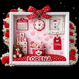Puede incluir: Una caja de sombra enmarcada en blanco con un tema de bebé. Presenta un lazo rojo de lunares, un reloj, un calendario, un oso de peluche, bloques ABC y un postre con temática de bebé. Se muestra el nombre "LORENA", junto con el texto "Its a gel" y "3.1001g".