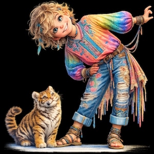 Boho Boy with Baby Tiger – Colorful Fantasy Digital Illustration, Cute Kids Wall Art, High Resolution Printable Download