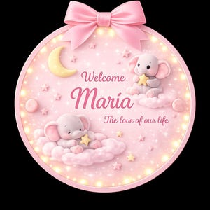 Personalized Baby Girl Name Sign Pink LED Frame – Custom Nursery Wall Decor with Lights, Welcome Sophia Elephant Cloud Theme”