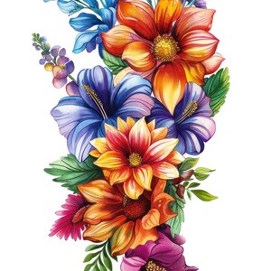 Puede incluir: Ilustración en acuarela de un vibrante arreglo floral. El ramo presenta una variedad de flores en tonos naranja, rojo, morado, azul y amarillo, con hojas verdes. Las flores están dispuestas en una composición vertical sobre un fondo blanco.