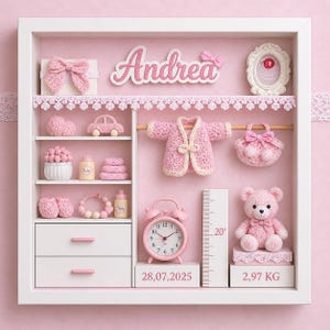 Könnte beinhalten: Eine rosa Baby-Schattenbox mit verschiedenen handgefertigten Artikeln. Enthält eine gehäkelte Jacke, eine Handtasche und eine Schleife, einen Teddybären, einen Wecker und ein Namensschild mit der Aufschrift "Andrea". Die Box hat auch ein Lineal und ein Gewicht von 2,97 KG.