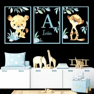 Personalized Safari Nursery Wall Art Prints Baby Lion and Giraffe Decor Soft Blue Theme Printable Transparent PNG for Kids Room Decor