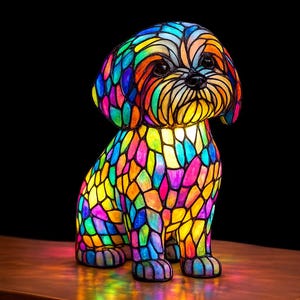 Puede incluir: Una colorida figura de perro de vidrieras con un patrón de mosaico en tonos vibrantes de rojo, naranja, amarillo, verde, azul y morado. El perro está sentado sobre una superficie de madera sobre un fondo negro.