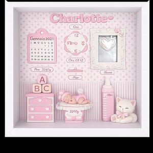 Puede incluir: Una caja de sombra rosa y blanca con el nombre "Charlotte". Contiene un calendario, reloj, espejo, bebé, cómoda, biberón y gato. El fondo es rosa con lunares y rayas blancas.