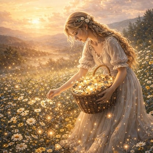 Puede incluir: Una mujer con un vestido blanco fluido recoge flores en una cesta de mimbre en un campo de margaritas. La escena está bañada por la luz dorada del sol, con una cualidad suave y onírica. La imagen evoca una sensación de paz y belleza natural.